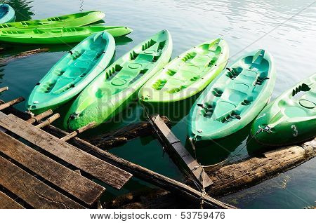 Kayaks In Lake On Ratchaprapa Dam,khao Sok,thailand