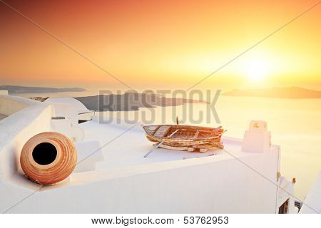 A detail of traditional house at Santorini island, Greece on sunset