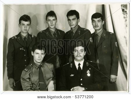 BORISOGLEBSK, USSR - 1987: Group portrait of soldiers and officers of the Soviet Army, Borisoglebsk, Russia, USSR, 1987 
