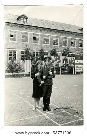 STERLITAMAK, USSR - 1987: Red Army soldier and his mother, Sterlitamak, Bashkortostan, Russia, USSR, 1987 
