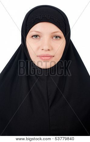 Woman with muslim burqa isolated on white