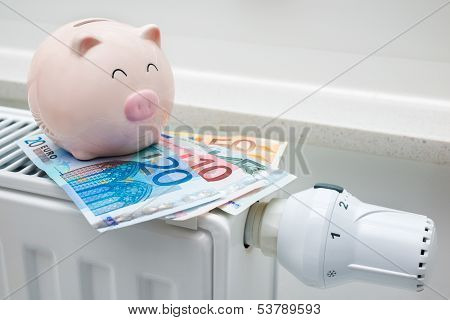 Heating Thermostat With Piggy Bank And Money