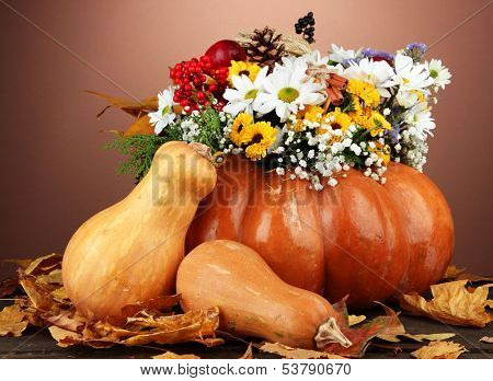 Beautiful autumn composition in pumpkin with pumpkins on table on dark background