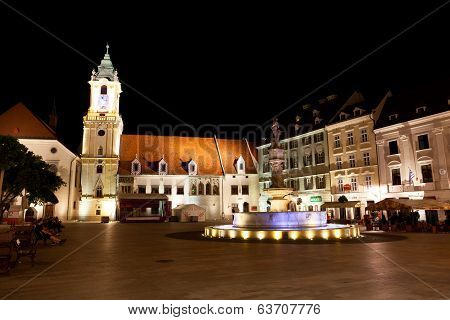 Central square at night in Bratislava