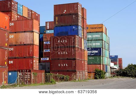 Colorful Containers Stacked And Stored At Harbor