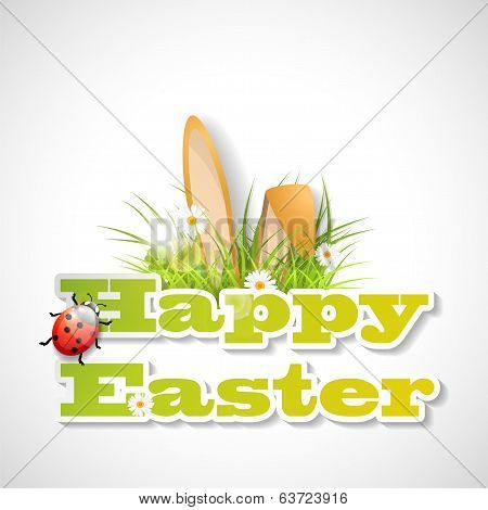Words Happy Easter With Fresh Grass, Ears Of Bunny And A Ladybug - Illustration