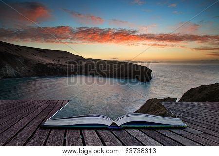 Book Concept Beautiful Vibrant Sunrise Over Rocky Coastline