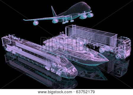 Types of transport. 3d model on black background