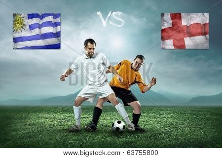 Soccer player stay at field. Game between Uruguay and England national teams.