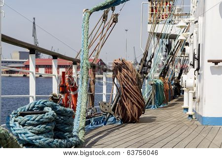 Thick Ropes On A Wooden Sailing Ship Floor