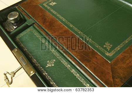 Antique Box Desk With Lock And Key Detail.