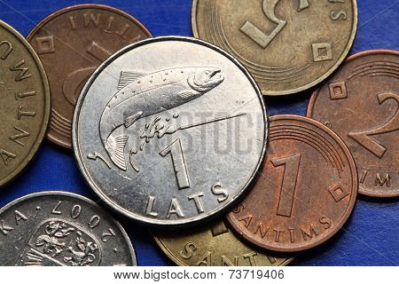 Coins of Latvia. A leaping salmon symbolised Latvian water depicted in old Latvian one lats coin. 