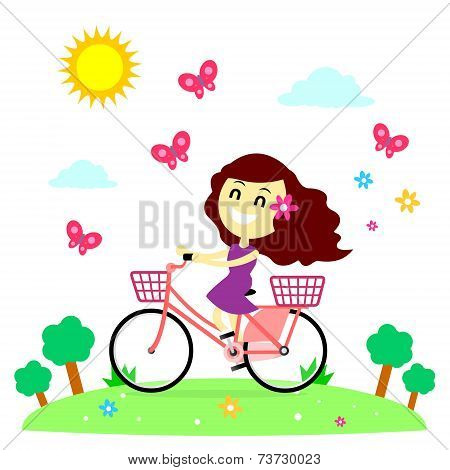 Girl Enjoy Riding Bicycle With The Butterflies