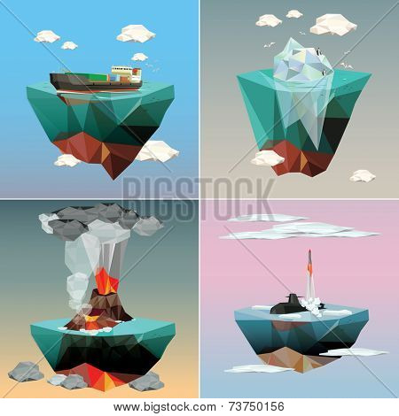 Islands in the sky. Sea ecology and nature. Set of Illustrations.