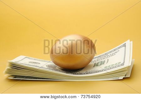 A goled egg on a pile of dollars