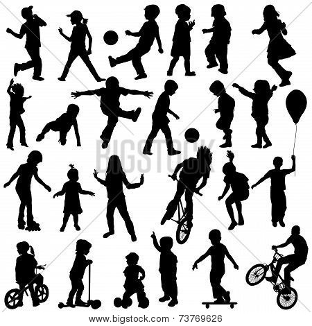 Group Of Active Children, Hand Drawn Sillhouettes Of Kids Playing