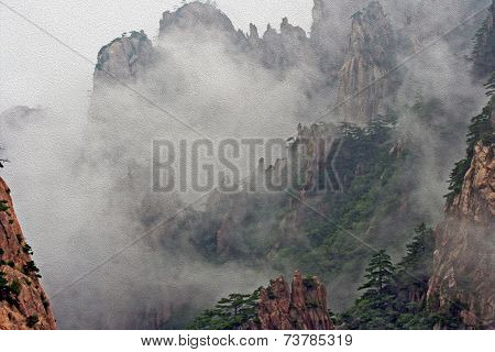 Huang Shan Mountains Hidden In Mist, Oil Paint Stylization