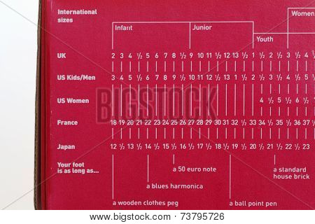 Close - up shoes international size on shoes box