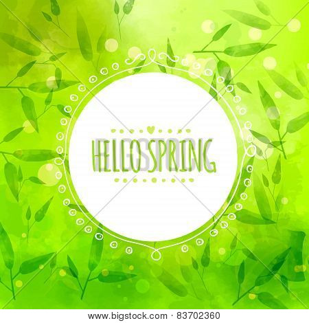 Bright green background with bamboo leaves and stems. White round hand drawn frame. Vector texture.