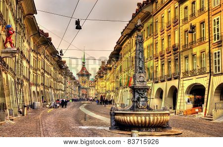 Kramgasse Street In The Old City Of Bern - Unesco Site In Switzerland