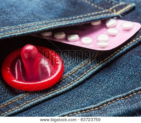 Pills And Condom In Denim Pocket.