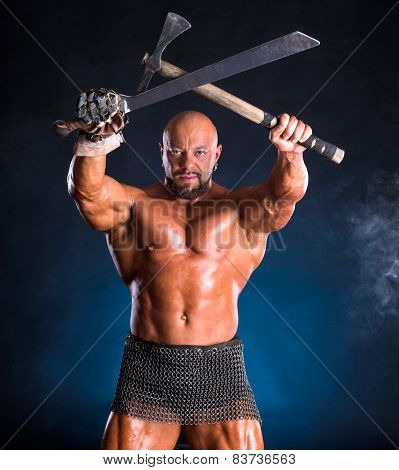 Handsome Muscular Ancient Warrior With Axe And Sword