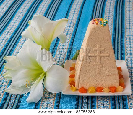 Traditional Curd Easter Cake On Embroidered Tablecloth