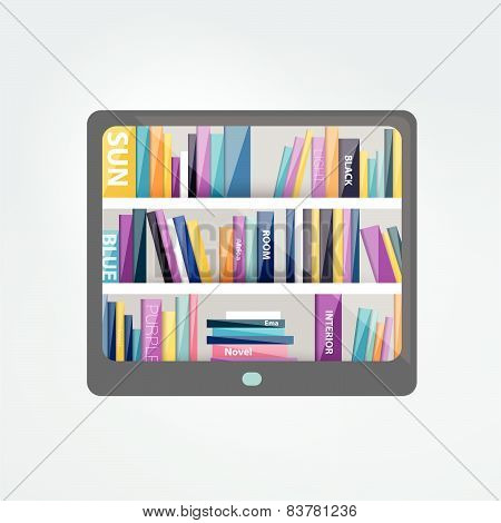 E-book reader with book shelf. Vector flat illustration.