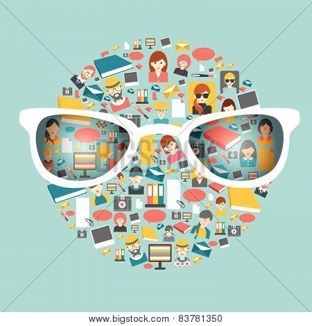 Communication flat icon set. Circle shape. Vector.