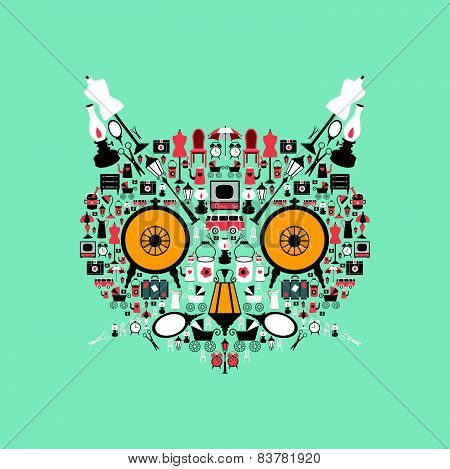 Cat head made from retro icons. Stylized animal shape.