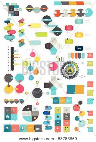 Collections of info graphics flat design diagrams. Various color schemes, boxes, speech bubbles for
