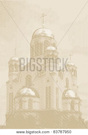 Vector Easters background with church at engraving style
