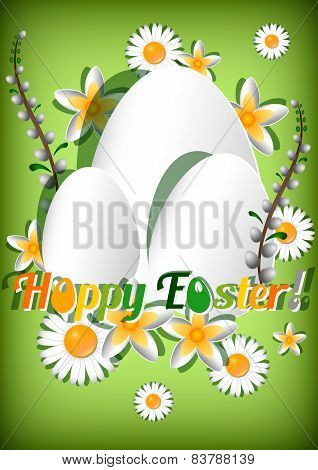 Greeting Card For Easter With Eggs And Spring Flowers On Green Background
