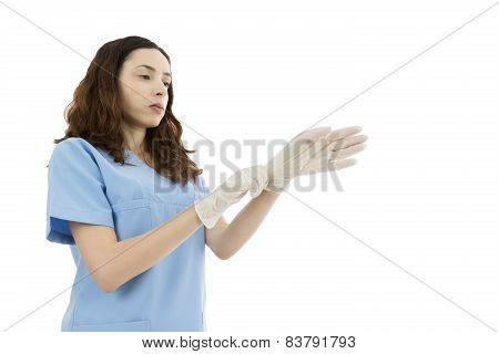 Female Nurse Or Doctor Wearing Surgical Gloves