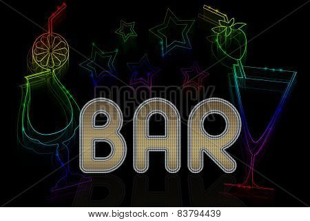 A Sign For A Bar With Cocktails And Neon Stars