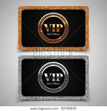 Gold And Silver Vip Premium Member Cards With Glitter, Gift, Voucher, Certificate, Vector Illustrati