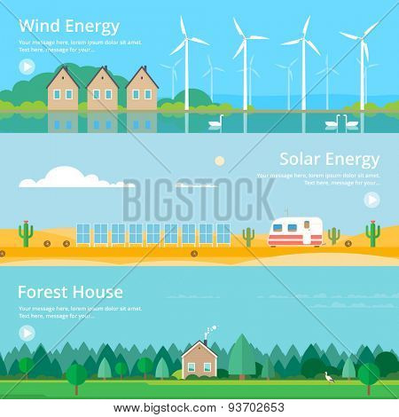 Colorful vector flat banner set. Quality design illustrations, elements and concept - Solar energy, Wind energy, Ecology, 