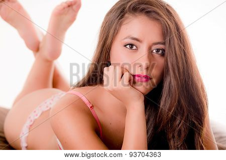 Hispanic model posing in lingerie