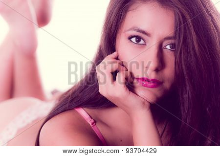 Hispanic model posing in lingerie