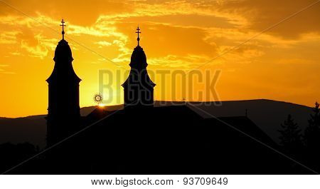 Silhouette Of A Catholic Church In Sunset