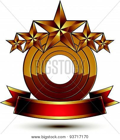 Majestic vector golden ring isolated on white background, 3d polished five golden stars. Heraldic