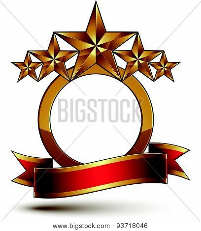 Majestic vector golden ring isolated on white background, 3d polished five golden stars. Heraldic