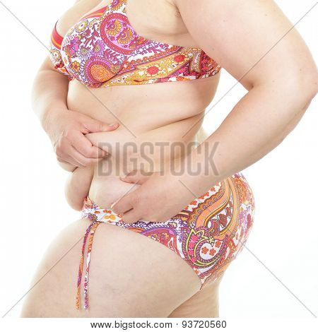 Overweight woman, detail. Diet, fitness, excess weight, growing thin, sedentary life, balanced nutrition, overeating, cellulitis, problem of overweight concept. Fight against excess weight