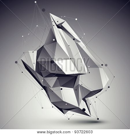 Spatial technological shape, polygonal single color eps8 wireframe object placed over dark backgroun