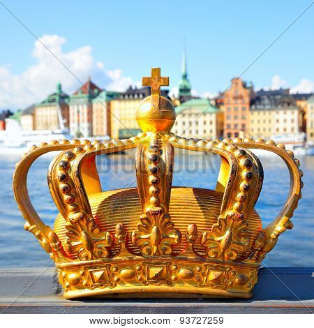 Crown on a bridge railing in Stockholm, Sweden