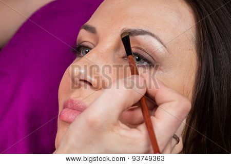 Makeup artist apply makeup on the face of the girl model.