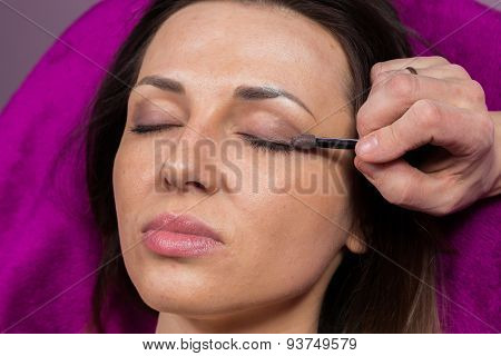 Work of make-up artist. Makeup artist apply makeup on the face of the girl model.