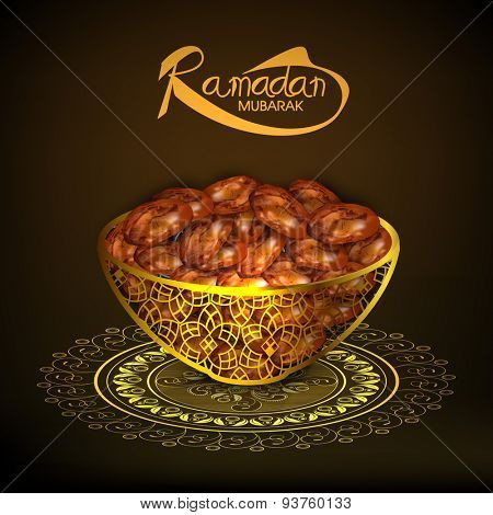 Sweet dates in traditional golden pot on shiny floral pattern for Islamic holy month of prayers, Ramadan Kareem celebration.