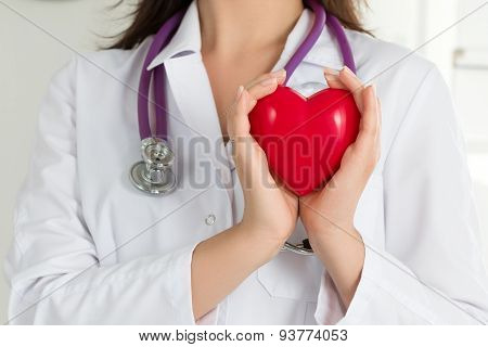 Female Doctors's Hands Holding Red Heart
