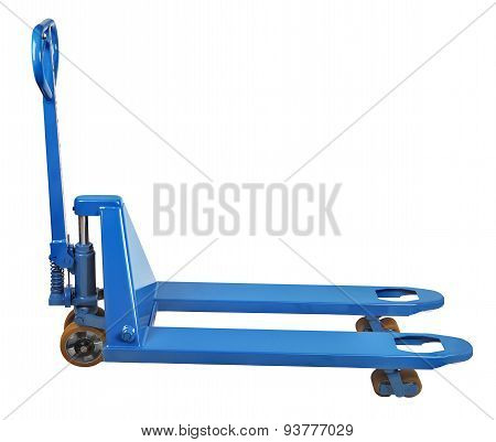 Warehouse Equipment, Blue Used Pallet Truck Isolated On White Background